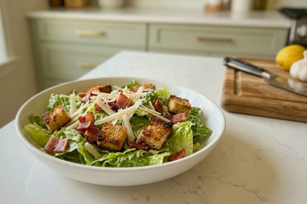 Caesar salad in a bowl on a kitchen counter