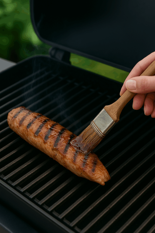 Pork tenderloin on BBQ being glazed