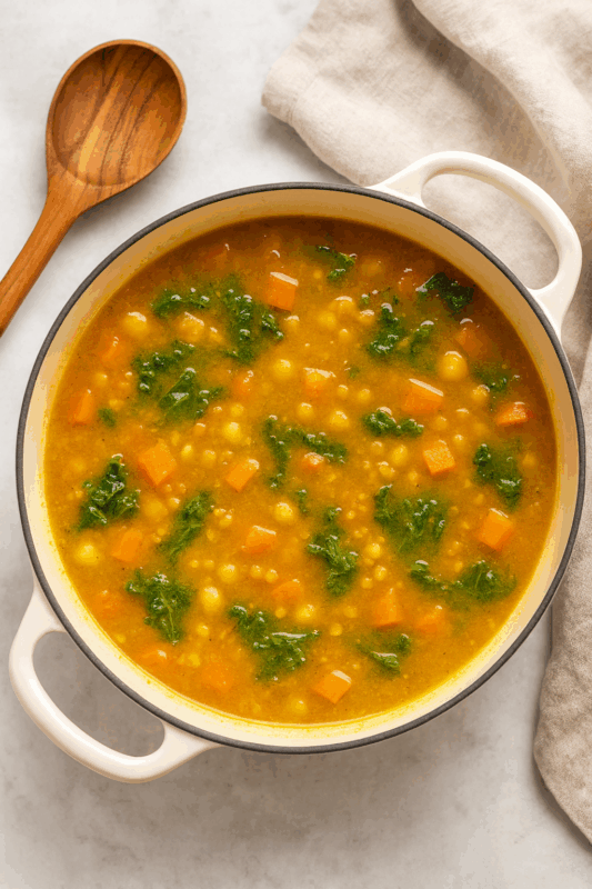 Moroccan spiced lentil, kale & sweet potato soup