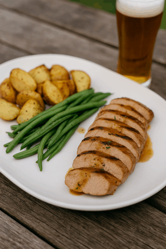 Pork tenderloin with orange-rosemary glaze, sliced and plated