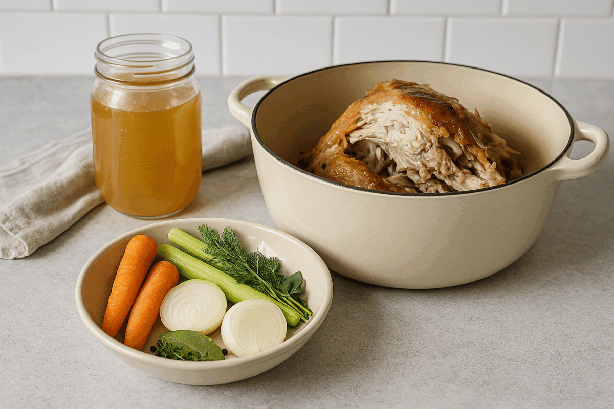 Ingredients to make turkey soup, on kitchen counter with pot