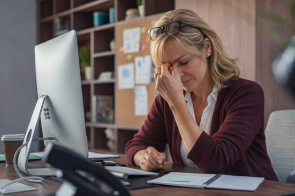 Tracy sitting at her desk looking very stressed