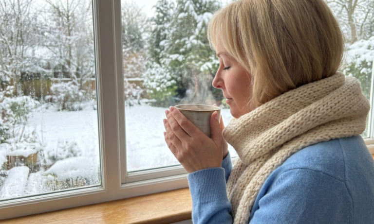 Picture of woman by a window with a winter wonderland scene outside. It is deep January in Canada. She is wrapped in a scarf and holding a hot beverage in a mug.