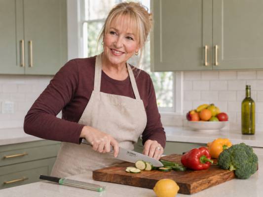 Tracy chopping vegetables at her kitchen island
