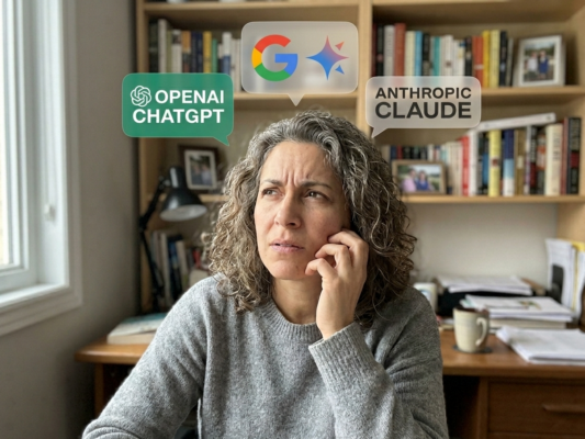 Woman sitting at her desk, confused about which AI tool to choose