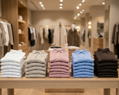 Colourful linen shirts stacked on a table in a retail store