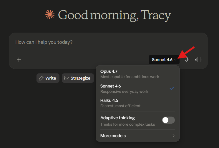 Screenshot of Claudes model selection dropdown