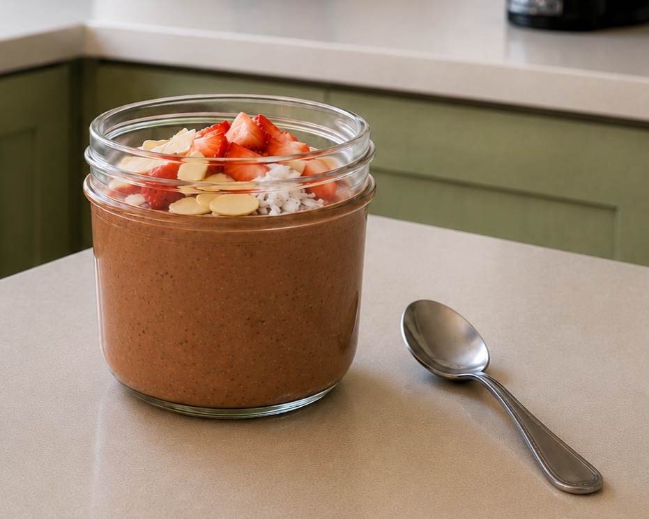 Chocolate Chia Seed Pudding with toppings