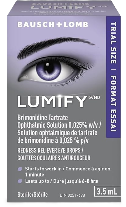 Lumify Redness Reliever Eye Drops bottle sitting on a bathroom counter