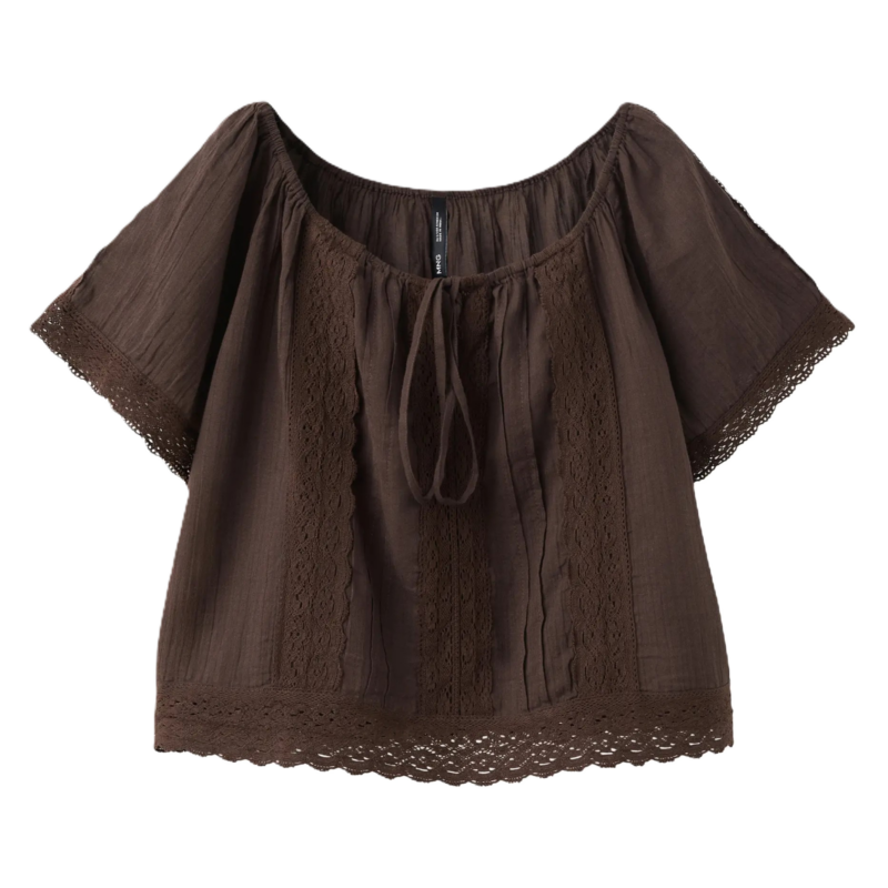 Mango lace trim brown top