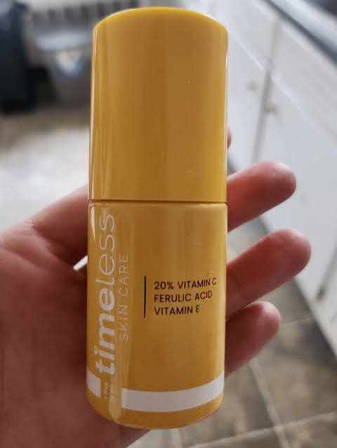 Timeless 20% Vitamin C E Ferulic Acid Serum in an opaque yellow pump bottle