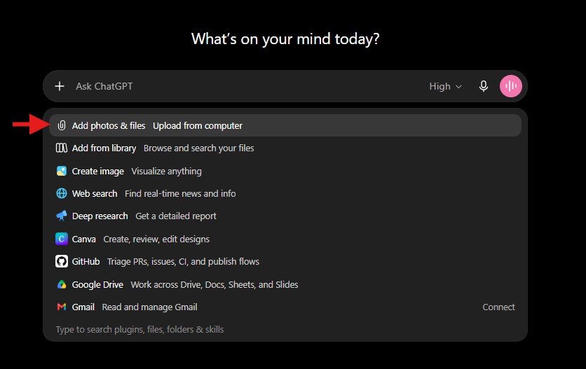 Screenshot of ChatGPT and how to add an attachment
