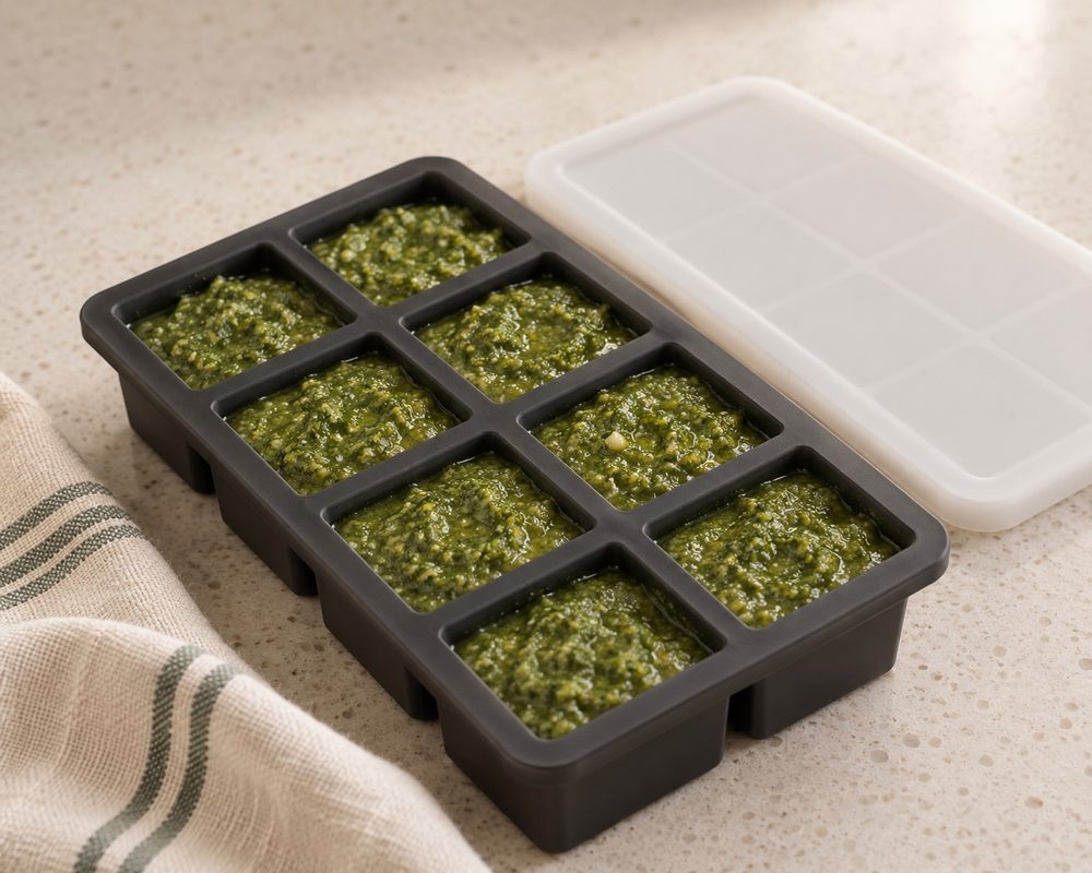 Pesto in tray ready to freeze
